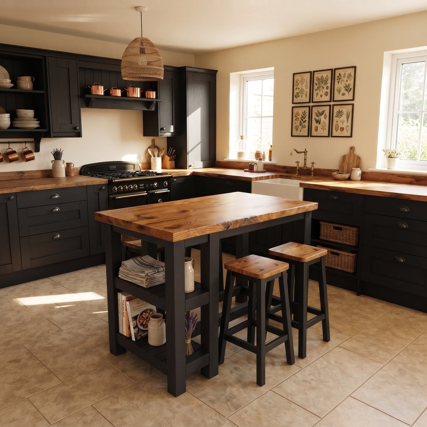 NORVIK Ebony Solid Wood Kitchen Island With Shelf / Black Breakfast Bar