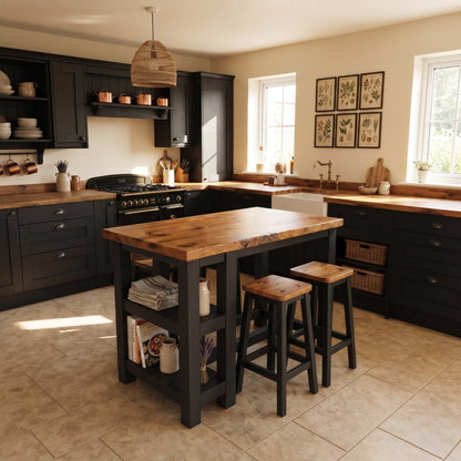 NORVIK Ebony Solid Wood Kitchen Island With Shelf / Black Breakfast Bar