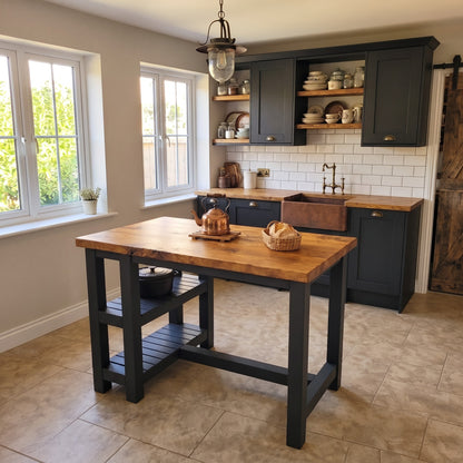 NORVIK Ebony Solid Wood Kitchen Island With Shelf / Black Breakfast Bar