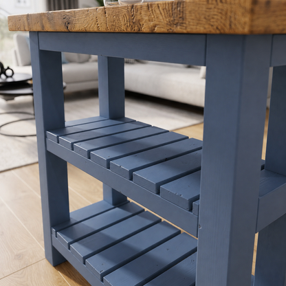 NORVIK Blue Colour Solid Wood Kitchen Island With Shelf / Breakfast Bar