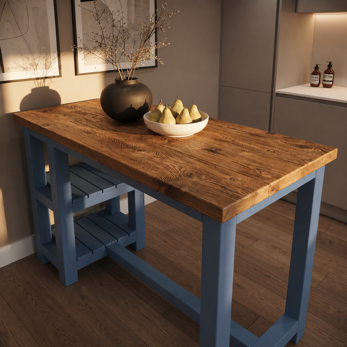 NORVIK Blue Colour Solid Wood Kitchen Island With Shelf / Breakfast Bar