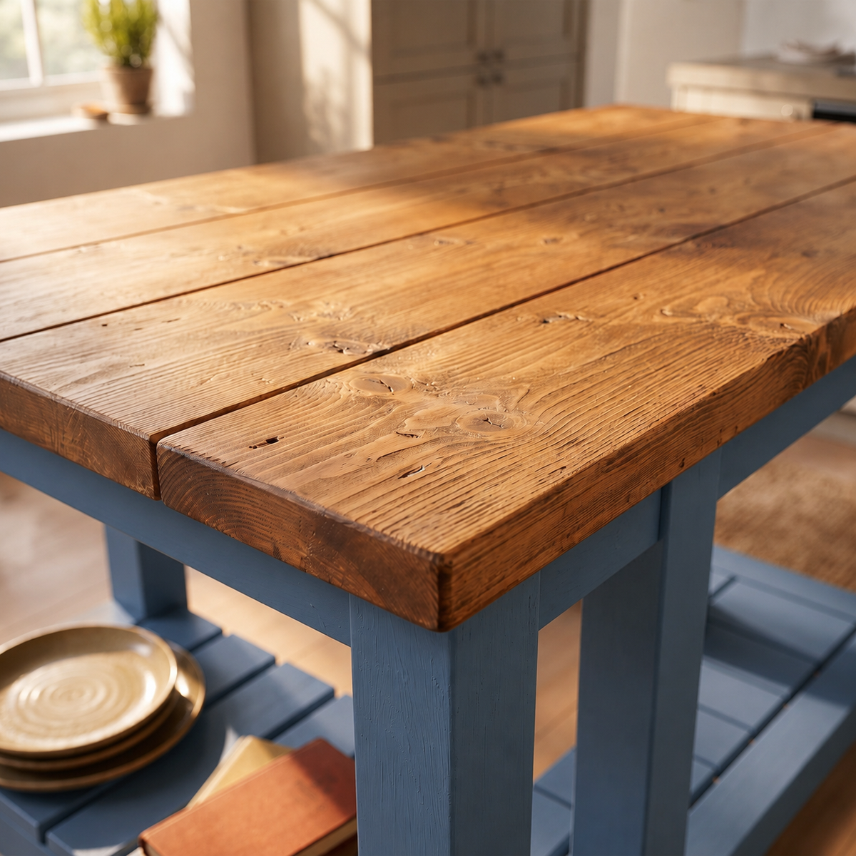 NORVIK Blue Colour Solid Wood Kitchen Island With Shelf / Breakfast Bar