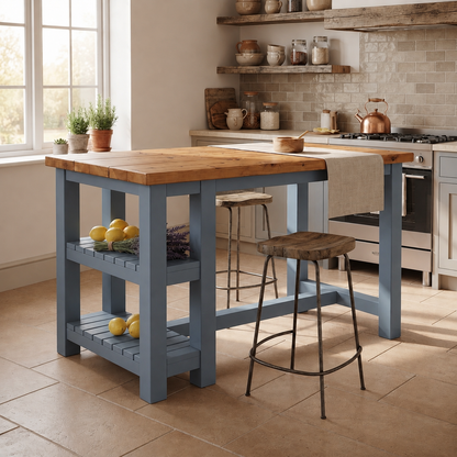 NORVIK Blue Colour Solid Wood Kitchen Island With Shelf / Breakfast Bar