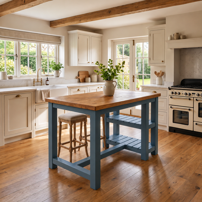 NORVIK Blue Colour Solid Wood Kitchen Island With Shelf / Breakfast Bar