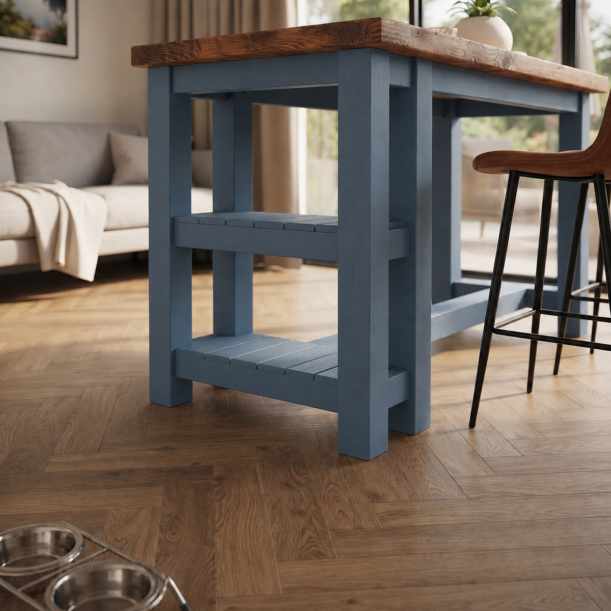 NORVIK Blue Colour Solid Wood Kitchen Island With Shelf / Breakfast Bar