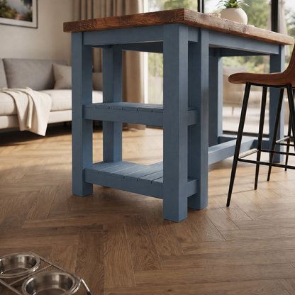 NORVIK Blue Colour Solid Wood Kitchen Island With Shelf / Breakfast Bar