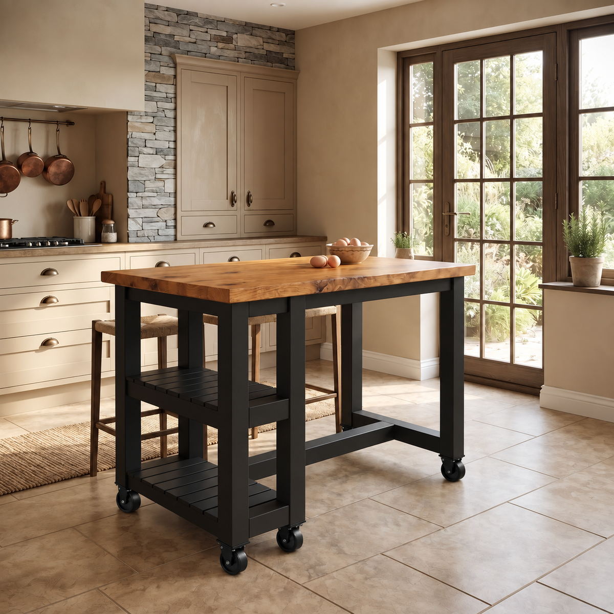 NORVIK Cart Black Colour On Wheels Solid Wood Kitchen Island With Shelf / Breakfast Bar