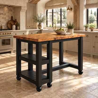 NORVIK Cart Black Colour On Wheels Solid Wood Kitchen Island With Shelf / Breakfast Bar