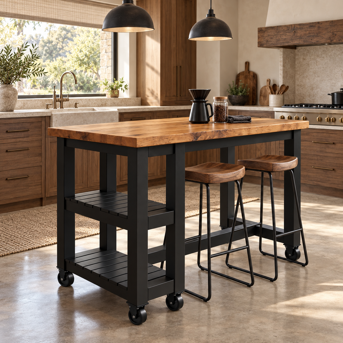 NORVIK Cart Black Colour On Wheels Solid Wood Kitchen Island With Shelf / Breakfast Bar