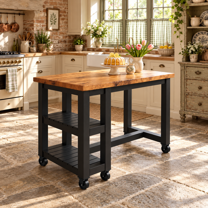 NORVIK Cart Black Colour On Wheels Solid Wood Kitchen Island With Shelf / Breakfast Bar
