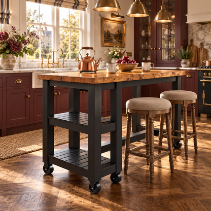 NORVIK Cart Black Colour On Wheels Solid Wood Kitchen Island With Shelf / Breakfast Bar