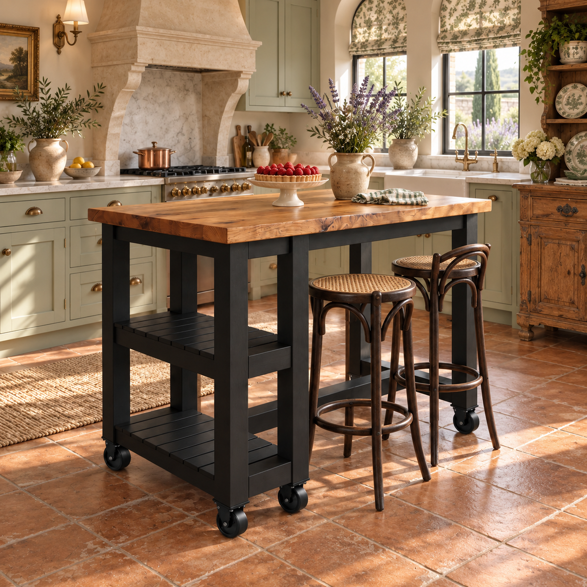 NORVIK Cart Black Colour On Wheels Solid Wood Kitchen Island With Shelf / Breakfast Bar