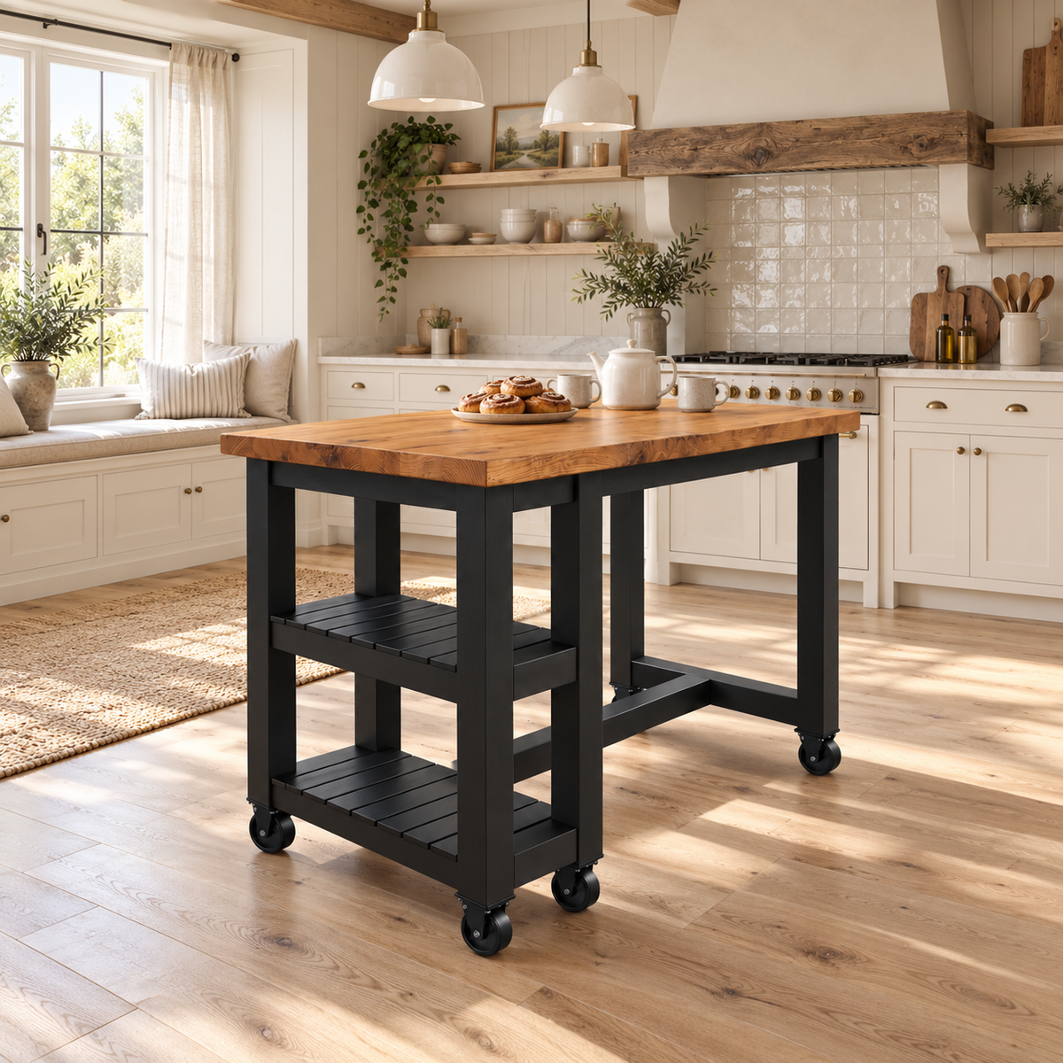 NORVIK Cart Black Colour On Wheels Solid Wood Kitchen Island With Shelf / Breakfast Bar
