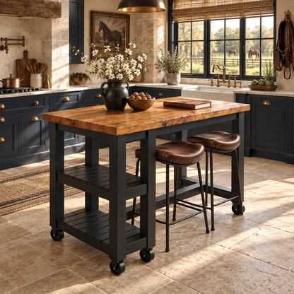 NORVIK Cart Black Colour On Wheels Solid Wood Kitchen Island With Shelf / Breakfast Bar