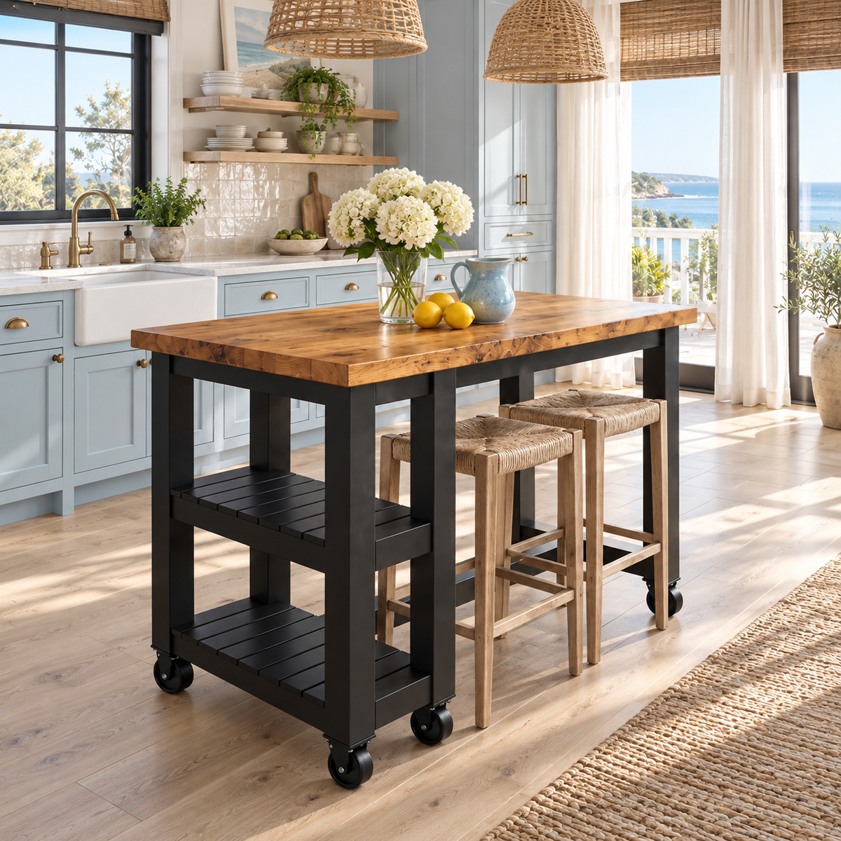 NORVIK Cart Black Colour On Wheels Solid Wood Kitchen Island With Shelf / Breakfast Bar