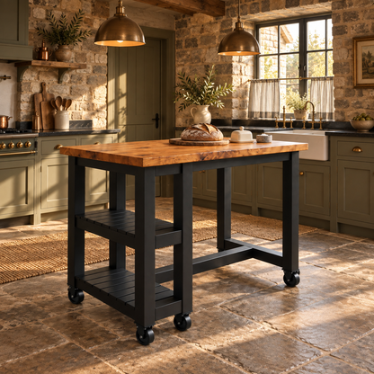 NORVIK Cart Black Colour On Wheels Solid Wood Kitchen Island With Shelf / Breakfast Bar
