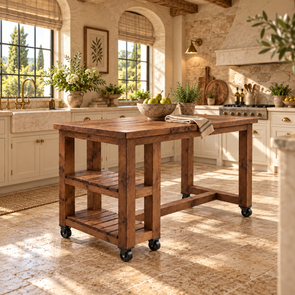 NORVIK Cart On Wheels Walnut Colour Solid Wood Kitchen Island With Shelf / Breakfast Bar