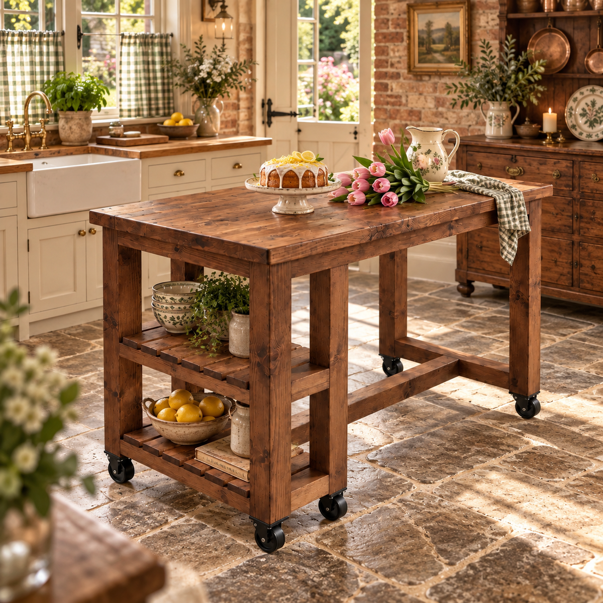 NORVIK Cart On Wheels Walnut Colour Solid Wood Kitchen Island With Shelf / Breakfast Bar