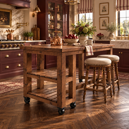 NORVIK Cart On Wheels Walnut Colour Solid Wood Kitchen Island With Shelf / Breakfast Bar