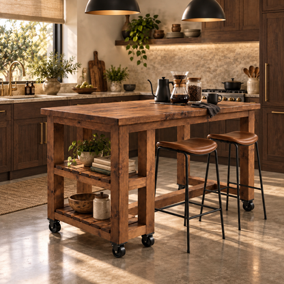 NORVIK Cart On Wheels Walnut Colour Solid Wood Kitchen Island With Shelf / Breakfast Bar
