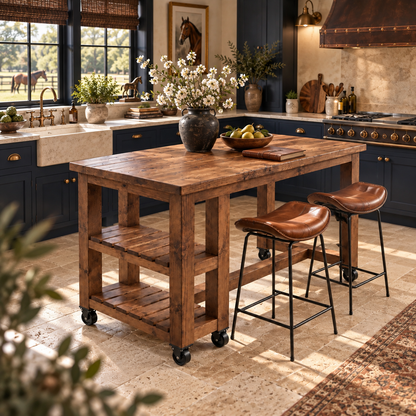 NORVIK Cart On Wheels Walnut Colour Solid Wood Kitchen Island With Shelf / Breakfast Bar