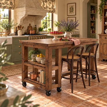 NORVIK Cart On Wheels Walnut Colour Solid Wood Kitchen Island With Shelf / Breakfast Bar