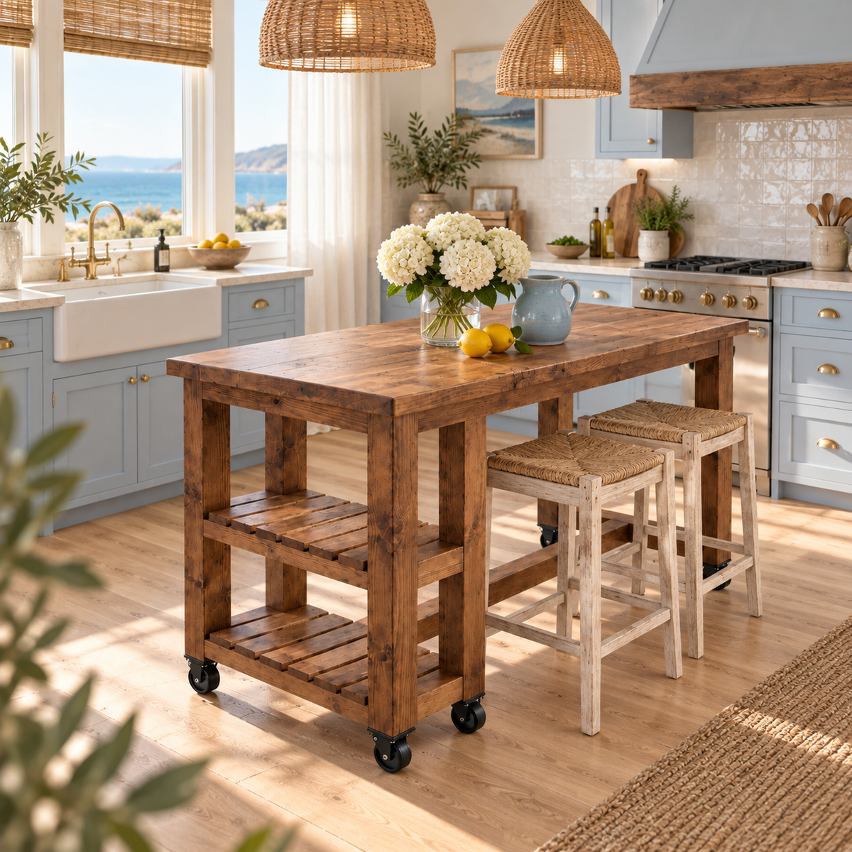 NORVIK Cart On Wheels Walnut Colour Solid Wood Kitchen Island With Shelf / Breakfast Bar