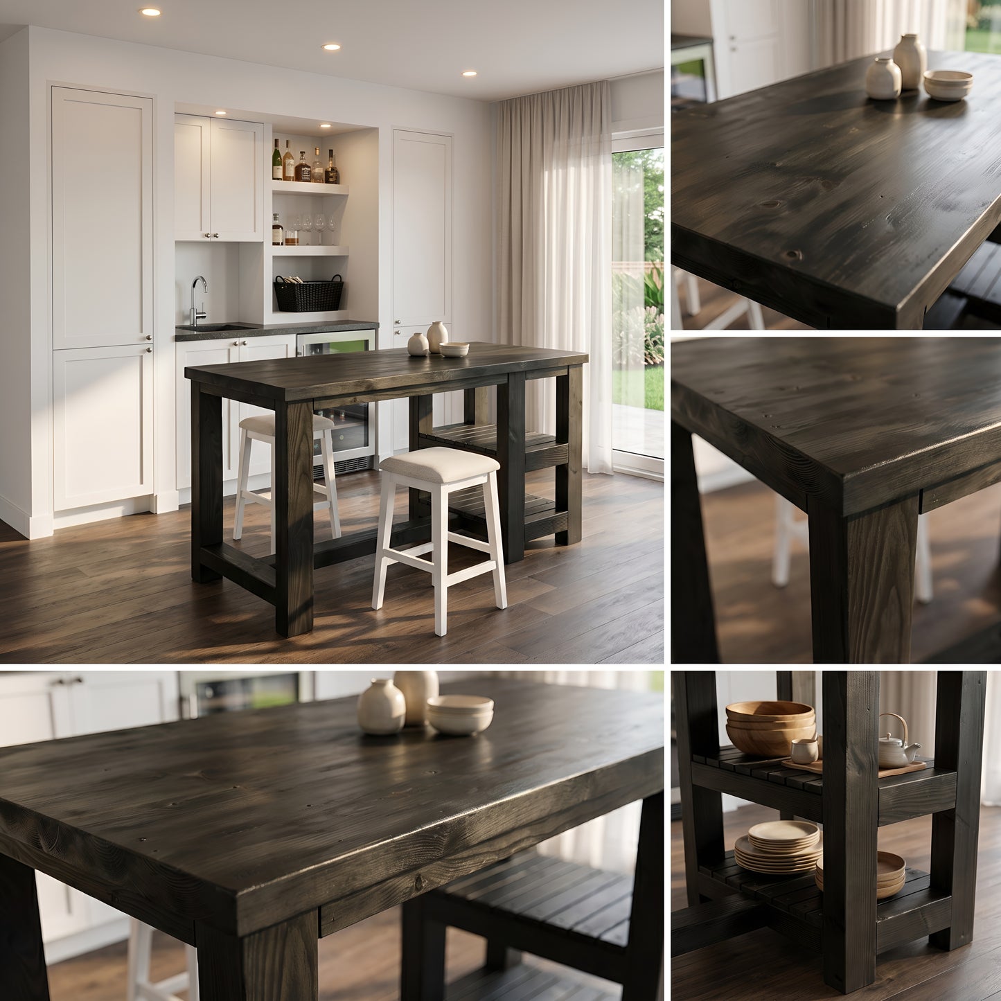 NORVIK Black Solid Wood Kitchen Island With Shelf / Breakfast Bar