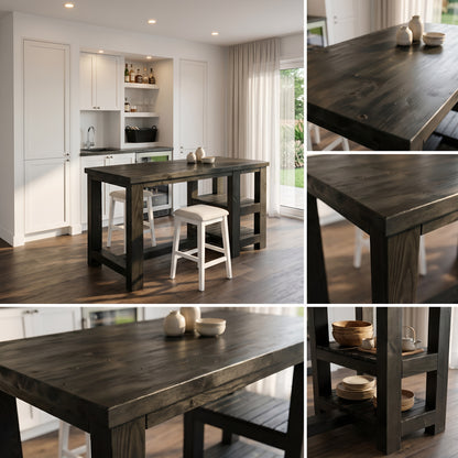 NORVIK Black Solid Wood Kitchen Island With Shelf / Breakfast Bar