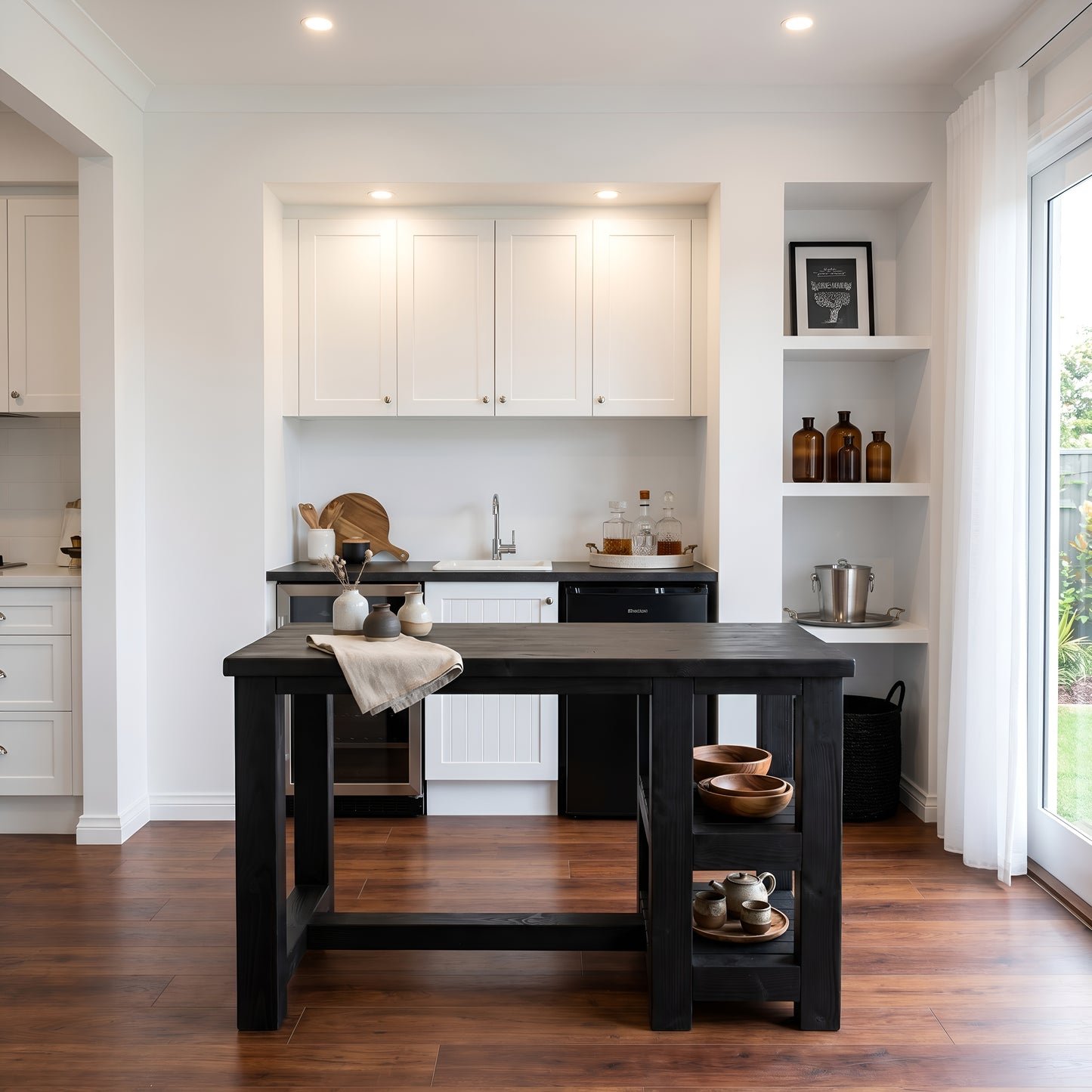 NORVIK Black Solid Wood Kitchen Island With Shelf / Breakfast Bar