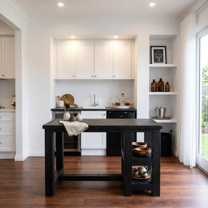 NORVIK Black Solid Wood Kitchen Island With Shelf / Breakfast Bar