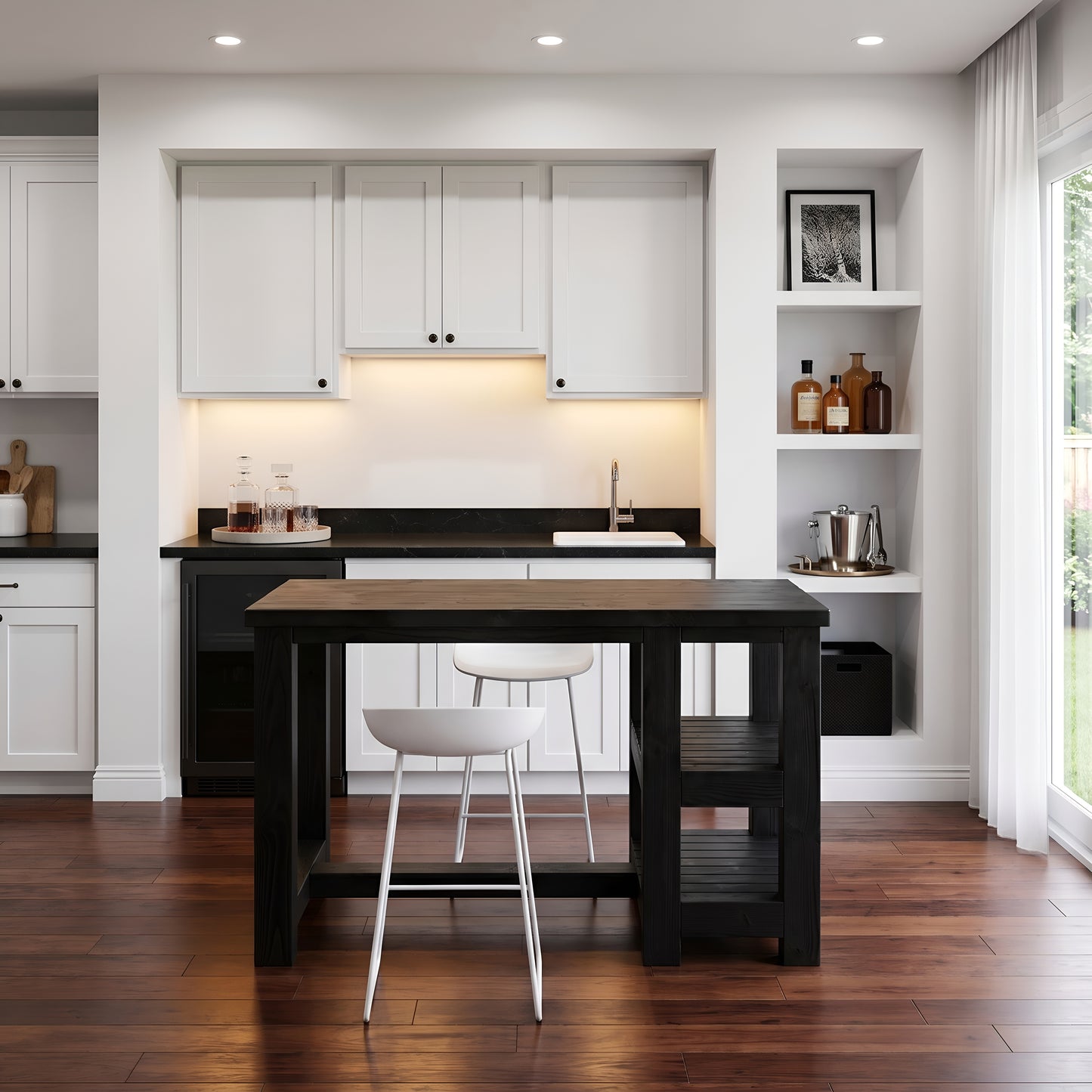 NORVIK Black Solid Wood Kitchen Island With Shelf / Breakfast Bar