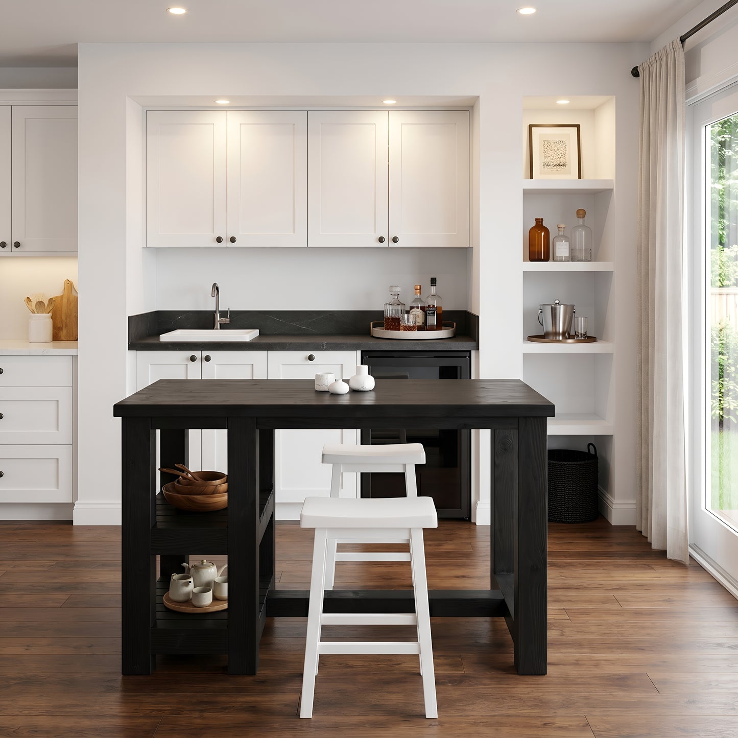 NORVIK Black Solid Wood Kitchen Island With Shelf / Breakfast Bar