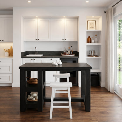 NORVIK Black Solid Wood Kitchen Island With Shelf / Breakfast Bar