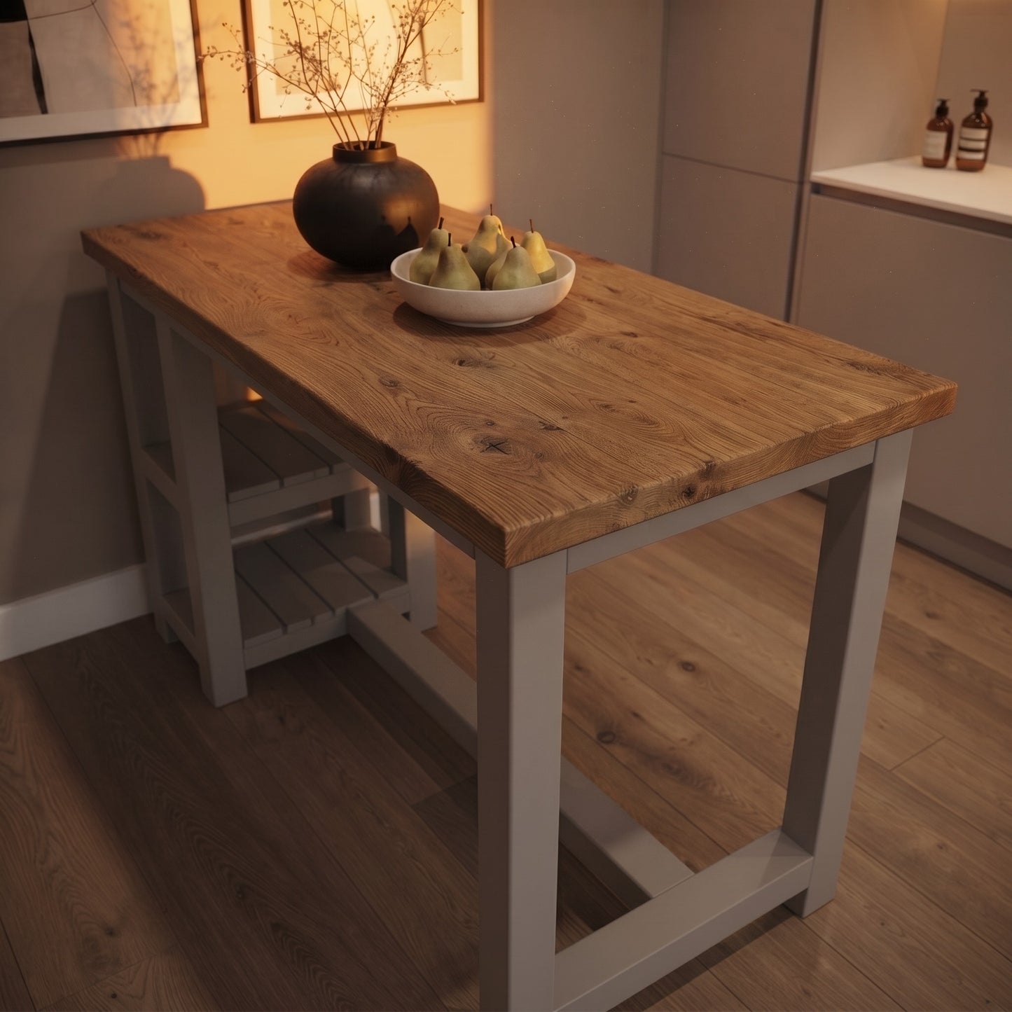 NORVIK Light Grey Solid Wood Kitchen Island With Shelf / Breakfast Bar