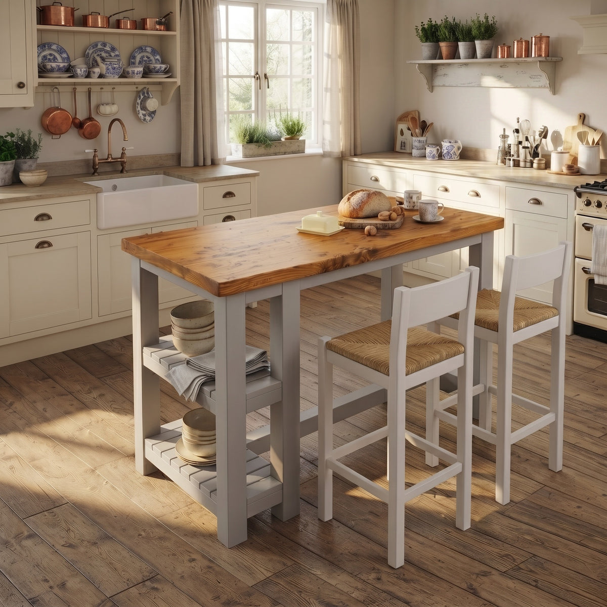 NORVIK Light Grey Solid Wood Kitchen Island With Shelf / Breakfast Bar
