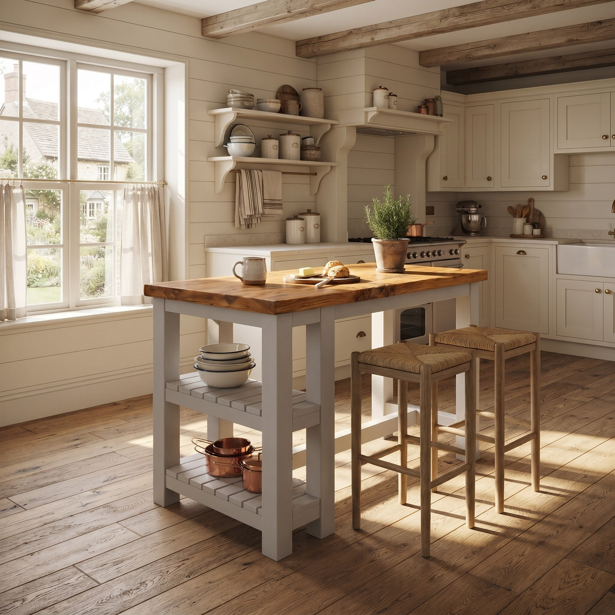 NORVIK Light Grey Solid Wood Kitchen Island With Shelf / Breakfast Bar