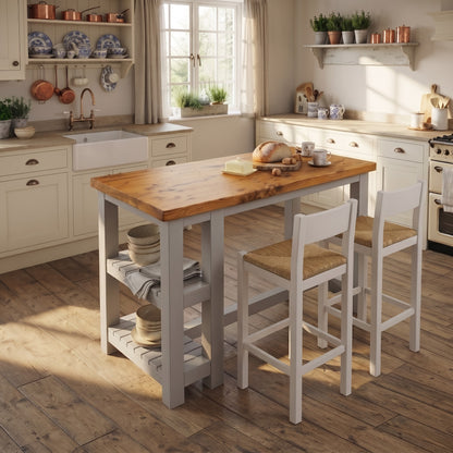 NORVIK Light Grey Solid Wood Kitchen Island With Shelf / Breakfast Bar