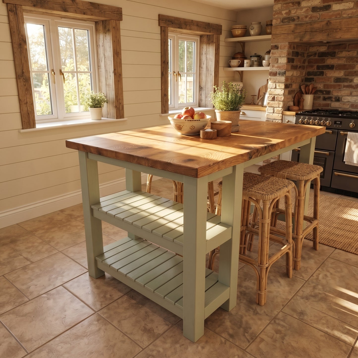 NORVIK Light Green Solid Wood Kitchen Island With Shelf / Breakfast Bar