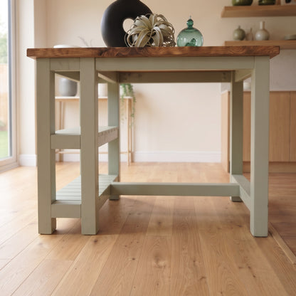 NORVIK Light Green Solid Wood Kitchen Island With Shelf / Breakfast Bar