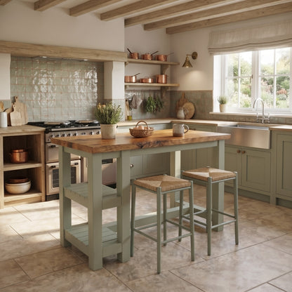 NORVIK Light Green Solid Wood Kitchen Island With Shelf / Breakfast Bar