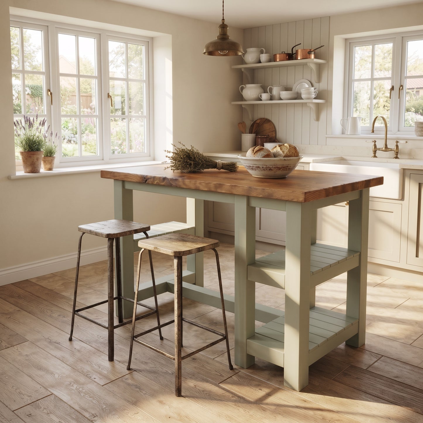 NORVIK Light Green Solid Wood Kitchen Island With Shelf / Breakfast Bar