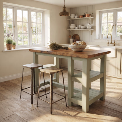 NORVIK Light Green Solid Wood Kitchen Island With Shelf / Breakfast Bar