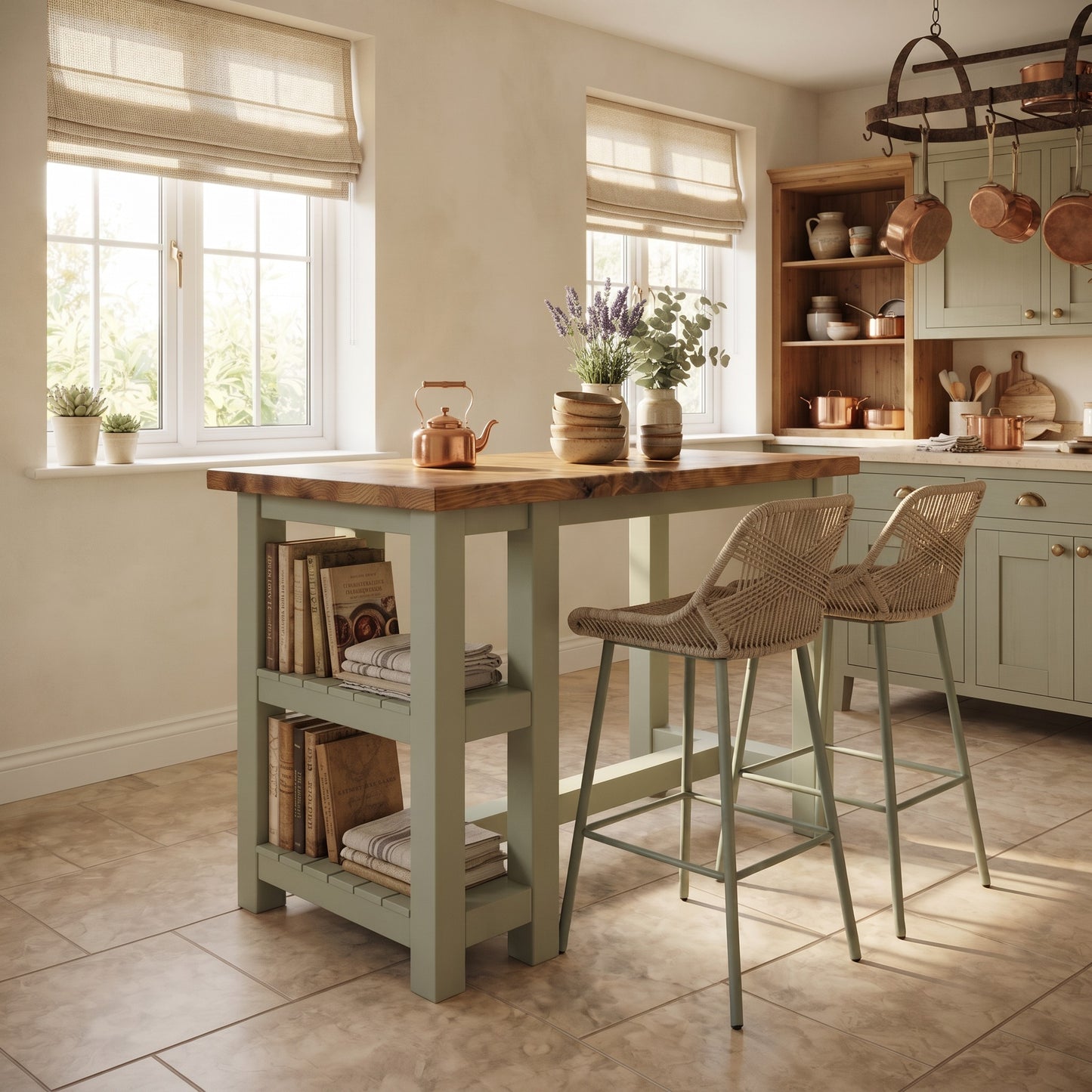 NORVIK Light Green Solid Wood Kitchen Island With Shelf / Breakfast Bar