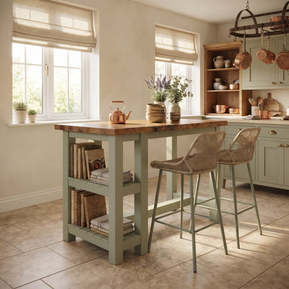 NORVIK Light Green Solid Wood Kitchen Island With Shelf / Breakfast Bar