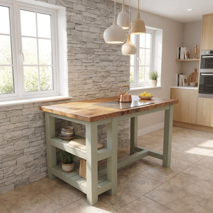 NORVIK Light Green Solid Wood Kitchen Island With Shelf / Breakfast Bar