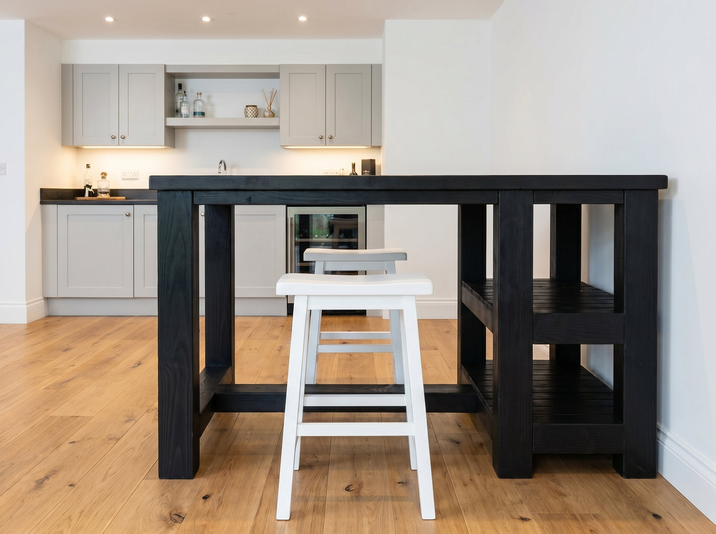 NORVIK Black Solid Wood Kitchen Island With Shelf / Breakfast Bar