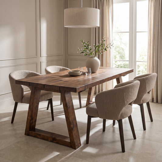 Obsidian Walnut Colour Trapezium Solid Wood Dining Table With Wooden Trapezoid Legs