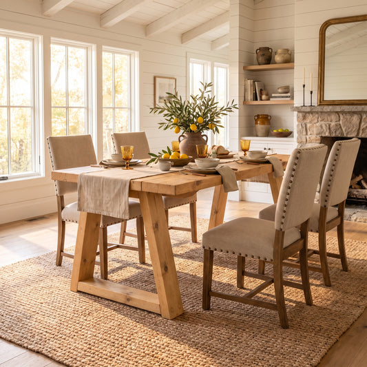 Obsidian Light Oak Colour Trapezium Solid Wood Dining Table With Wooden Trapezoid Legs