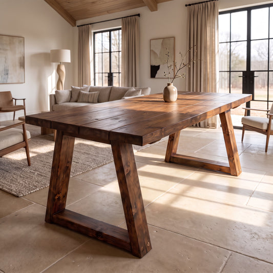 Obsidian Walnut Colour Trapezium Solid Wood Dining Table With Wooden Trapezoid Legs